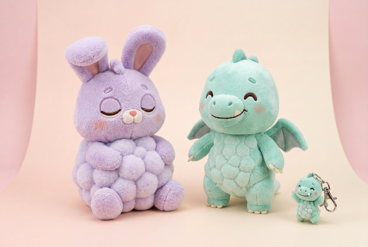 Bunny plush, dragon plush and keychain mini